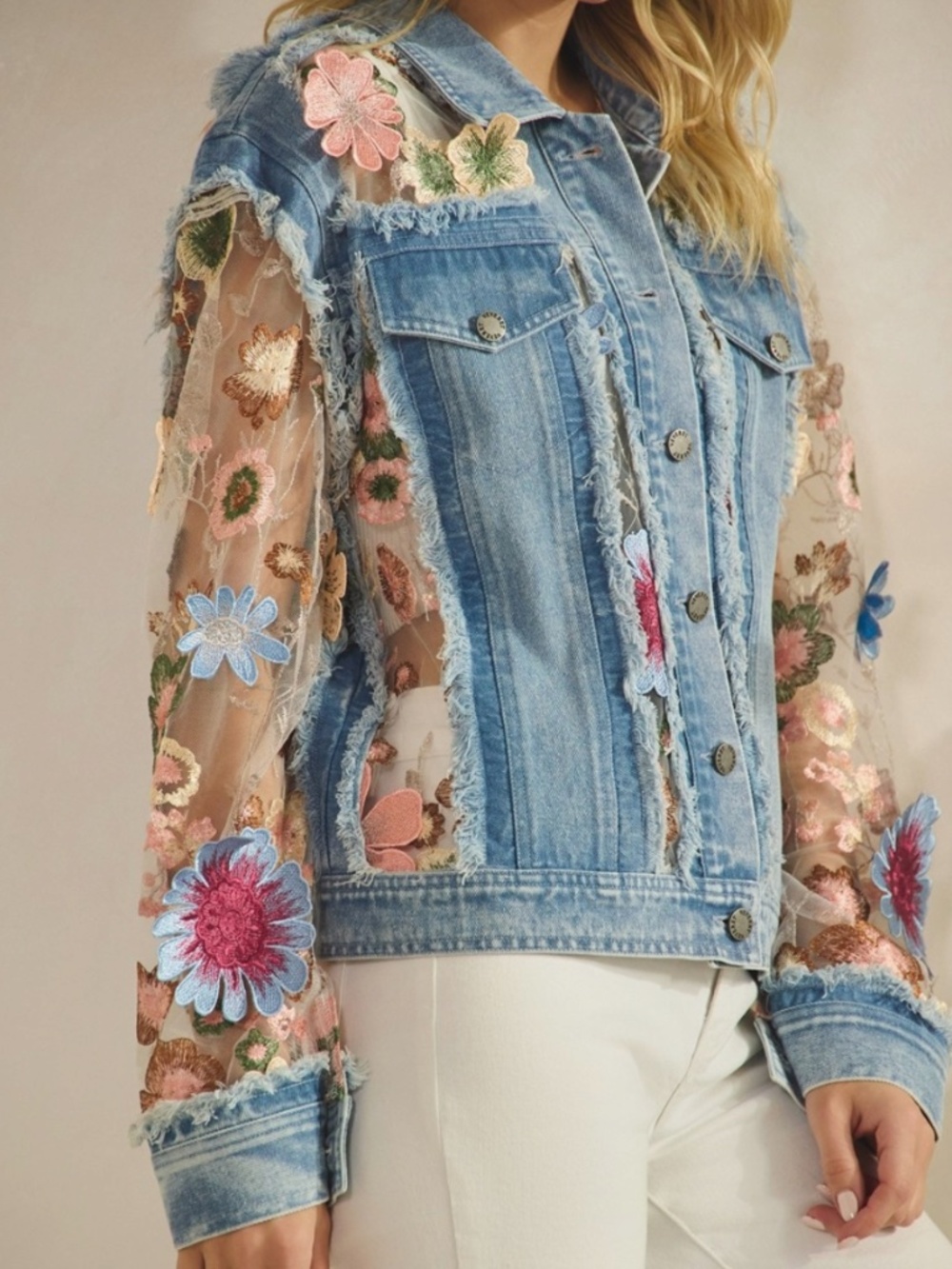 Western Floral Lace Appliqué Semi Sheer Button Down Frayed Jacket - Picture 2 of 10